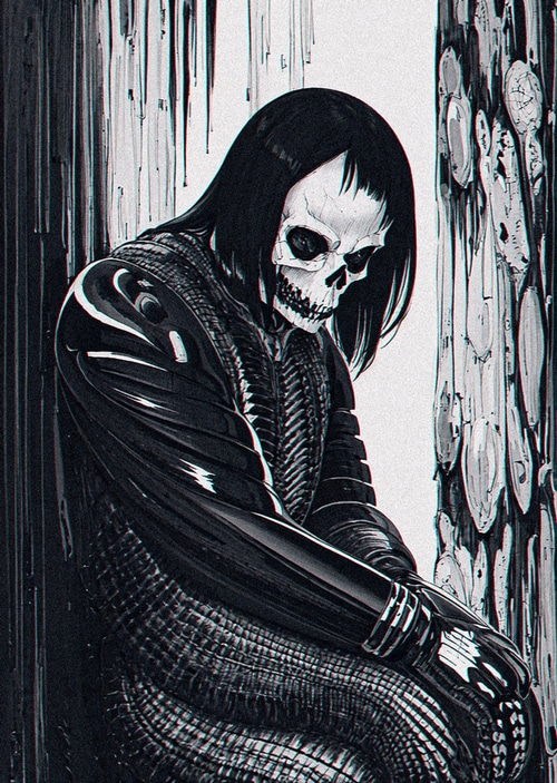Monochrome anime boy with skull face and long hair