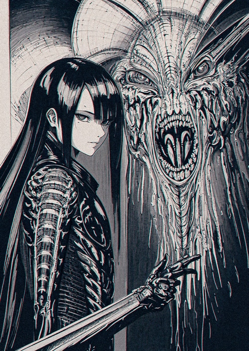 Girl and a grotesque creature in monochrome
