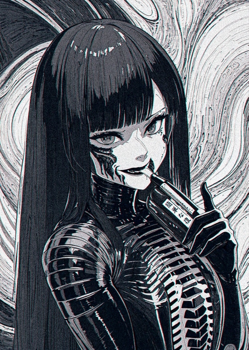 Monochrome anime girl with bottle