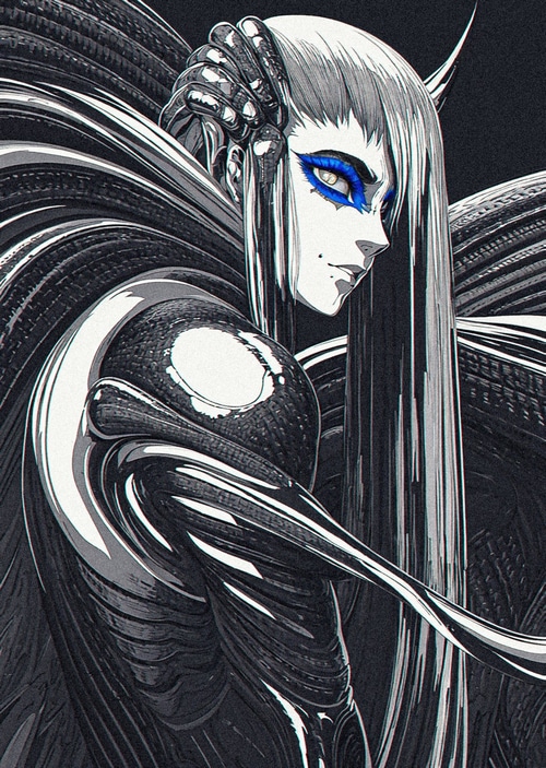 Monochrome anime character with blue eye makeup
