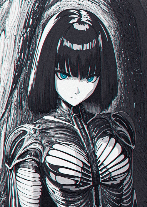 Monochrome anime girl with blue eyes and skeletal suit