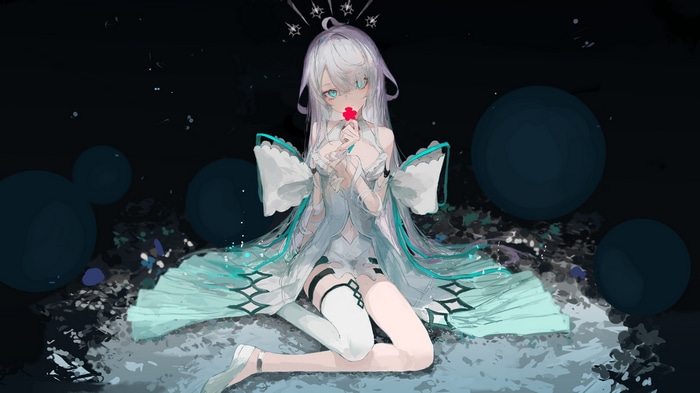 Anime girl with white hair holding a flower