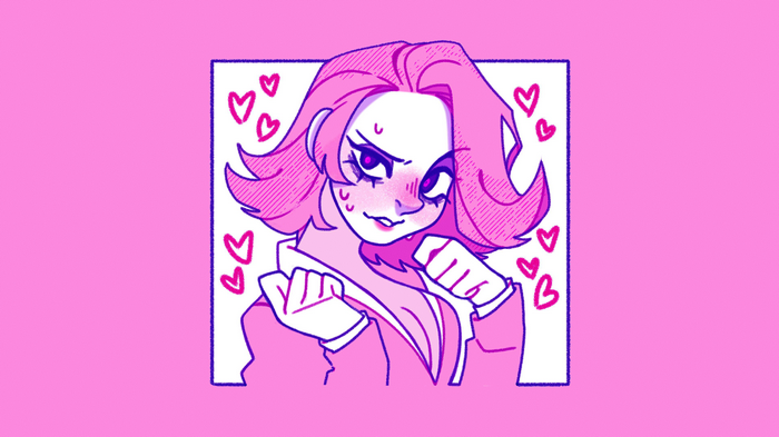 Ace Attorney character with pink hair and hearts