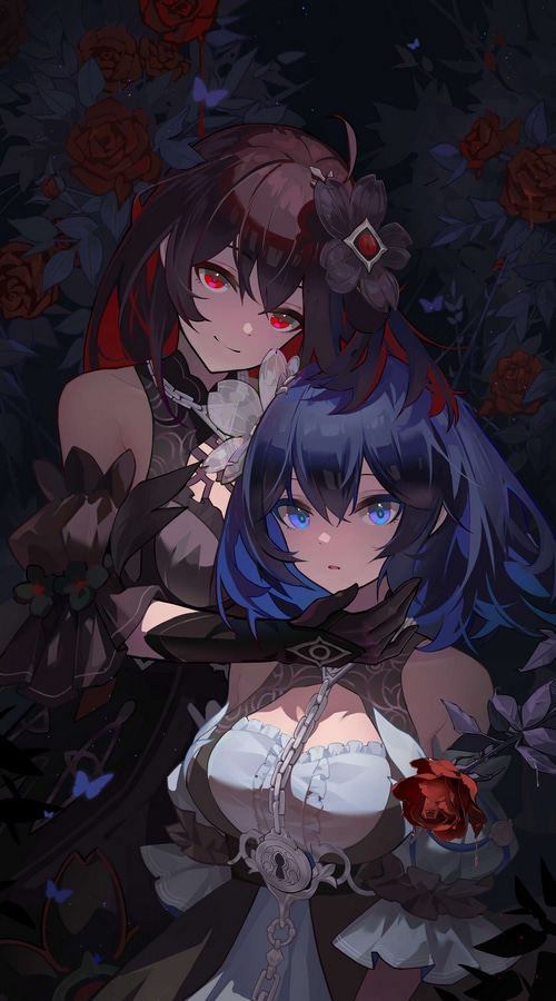 Two women with red and blue eyes surrounded by roses