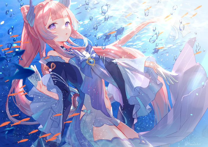Sangonomiya Kokomi underwater with fish and sunlight