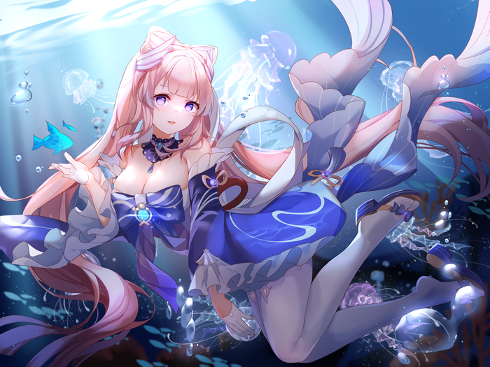4K underwater scene with Sangonomiya Kokomi and jellyfish