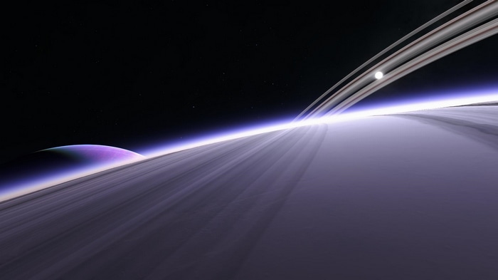 Planet with rings and a moon in space