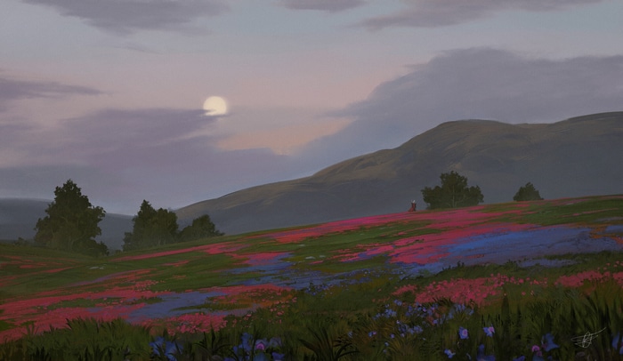 Max Suleimanov painting of a flower field and mountains