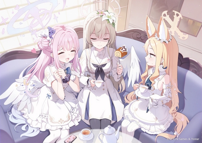 Blue Archive: Three girls having tea with wings and fox ears