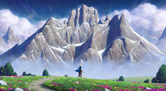A lone figure and dog stand before majestic mountains