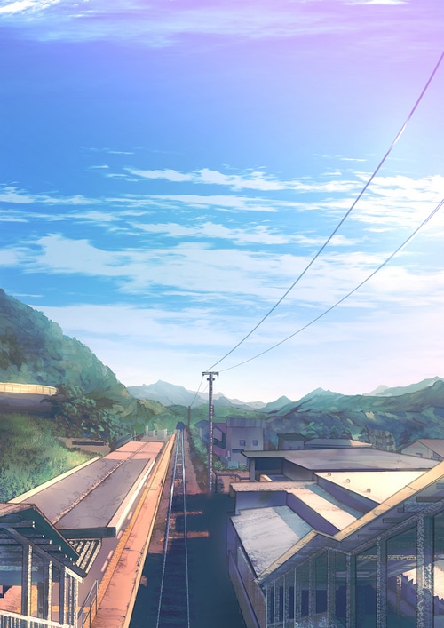 Anime train station with mountains and blue sky