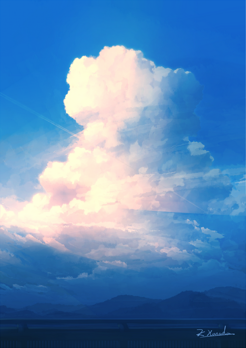 Artwork of a dramatic sky with clouds over mountains