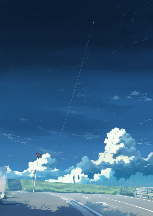 Two figures stand on a grassy hill under a cloudy sky