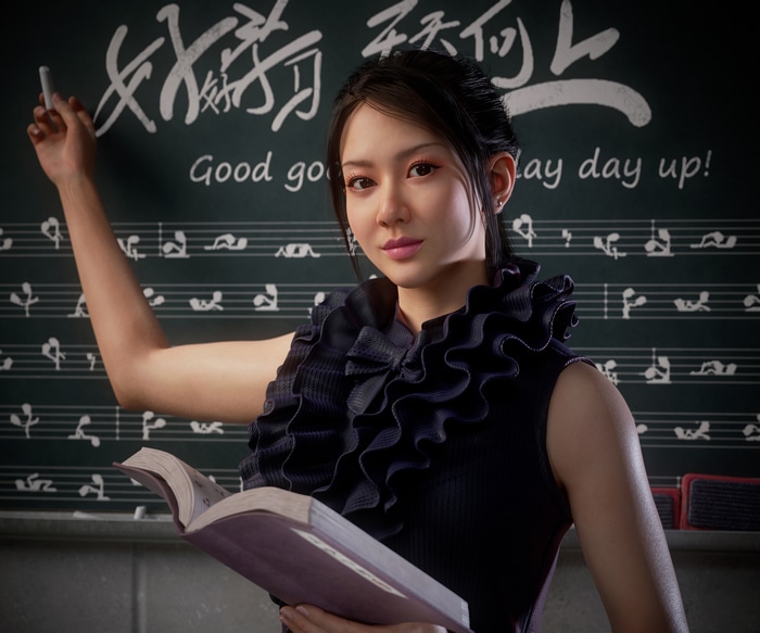 4K Asian Teacher Writing on Chalkboard