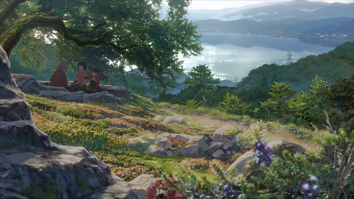 4K, landscape, berries, lake, flowers, nature, rocks, Anime screenshot ...