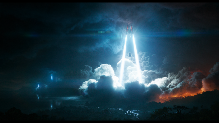 Spaceship launching through clouds on Pandora at night
