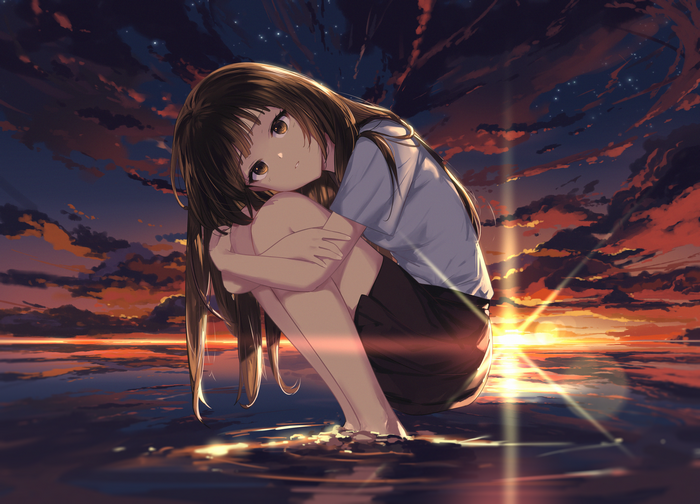 Standing In Water, Water, Schoolgirl, Clouds, Sunset Glow, Sky, Stars 