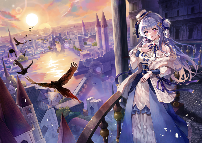Girl in blue dress with birds flying over cityscape at sunset