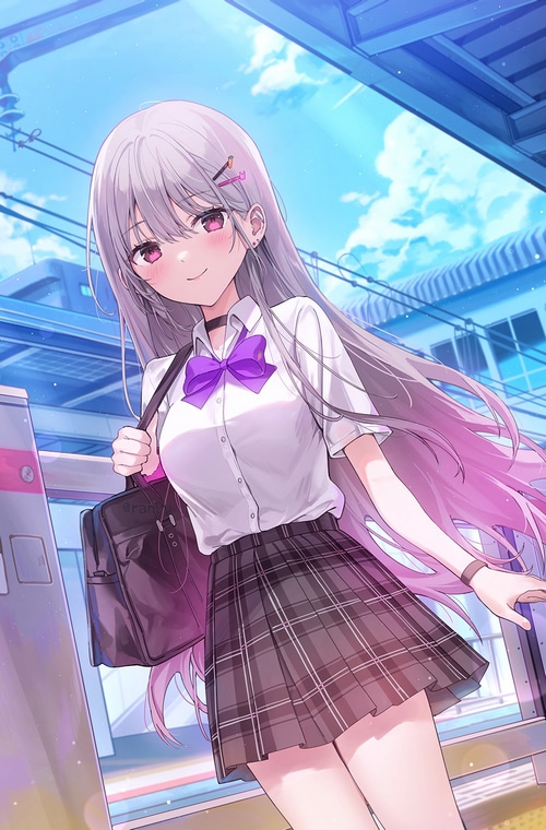 Schoolgirl with purple eyes and bow tie at train station