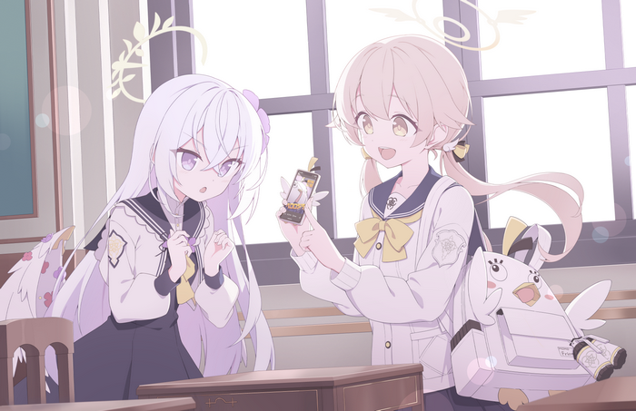 Anime girls in school uniforms looking at a phone