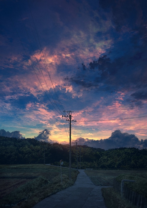 Artwork of a cloudy sky over a rural path