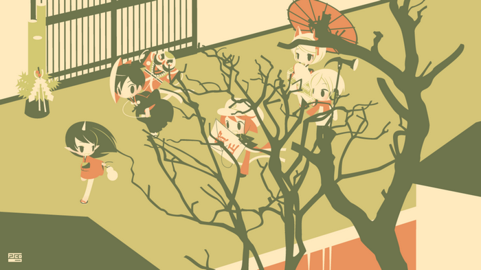 Chibi anime characters with umbrellas and branches