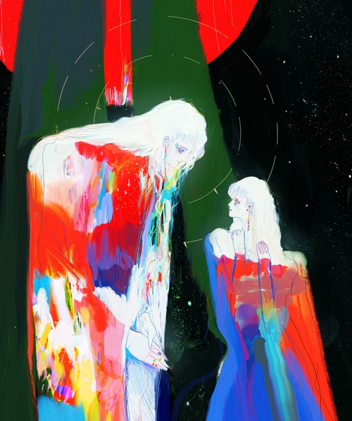 Couple in abstract, colorful, and dark setting