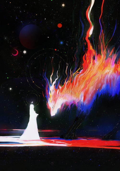 A figure in white faces a fiery cosmic dragon