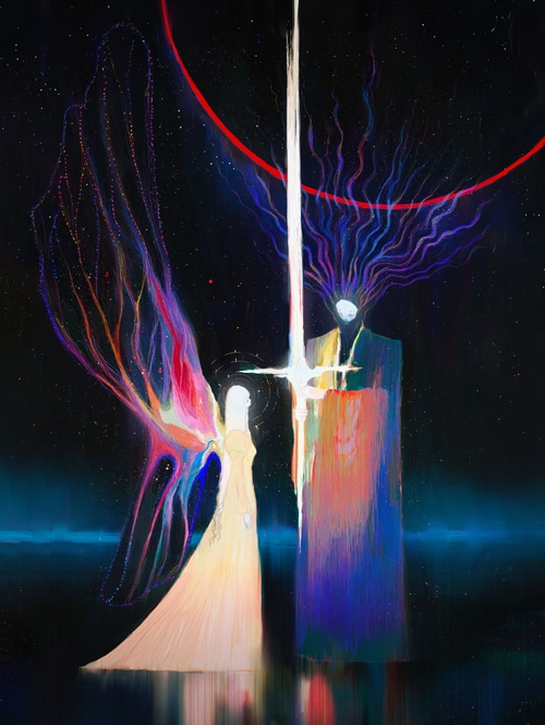 Couple in a cosmic landscape with a glowing sword