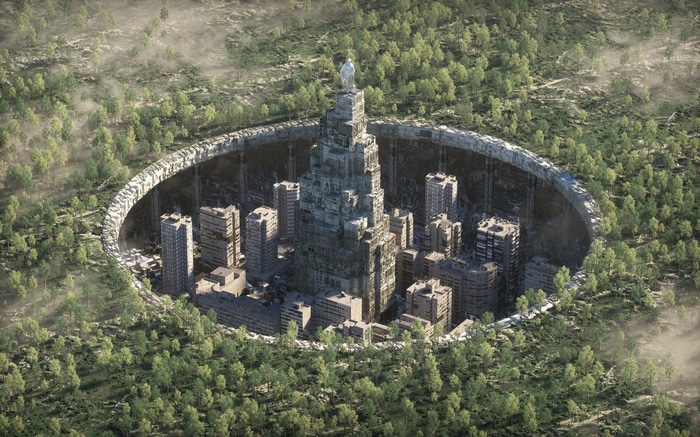 Futuristic city in a forest crater by Annibale Siconolfi