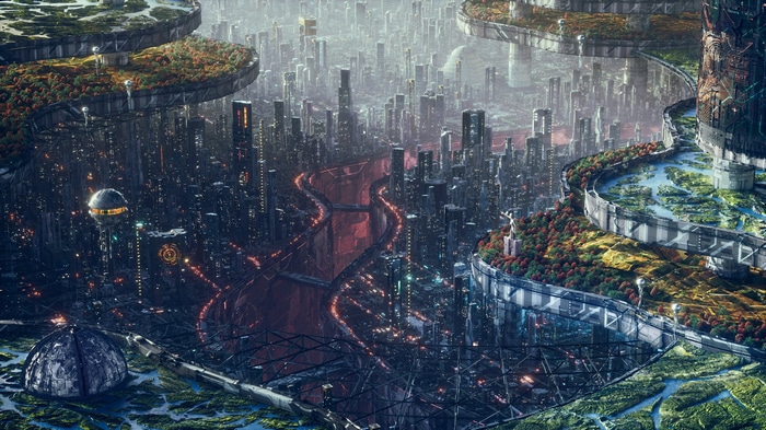 Futuristic city with tiered structures and glowing lights