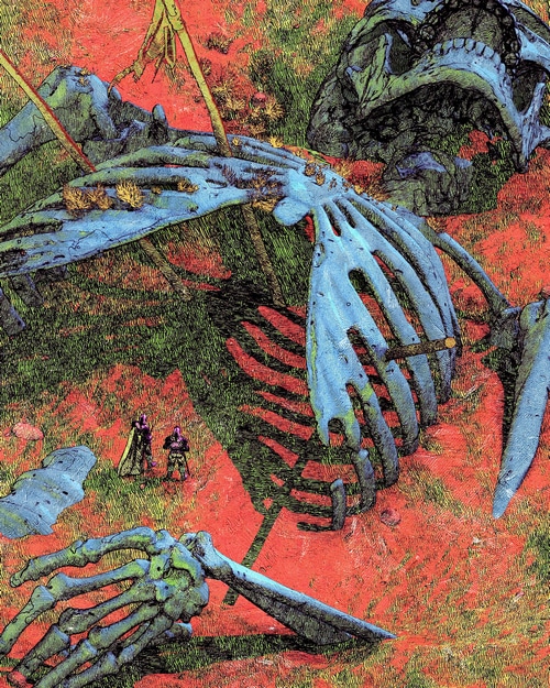 Giant skeleton in a red and green landscape with two figures
