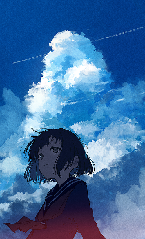 Girl in school uniform looking up at clouds