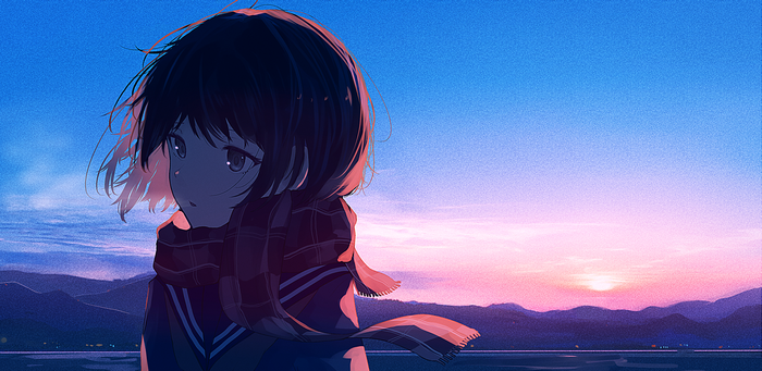 Mifuru in a scarf at dusk with mountains