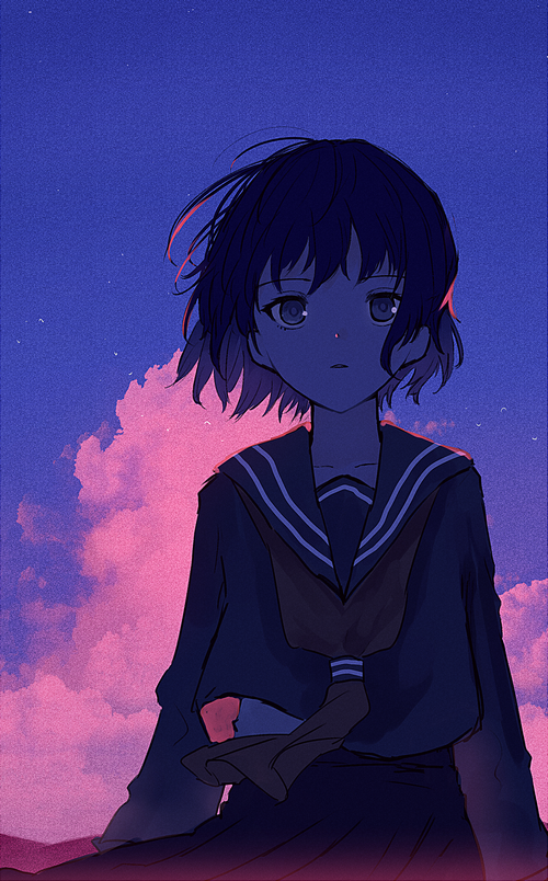 Mifuru in a sailor uniform at dusk with clouds