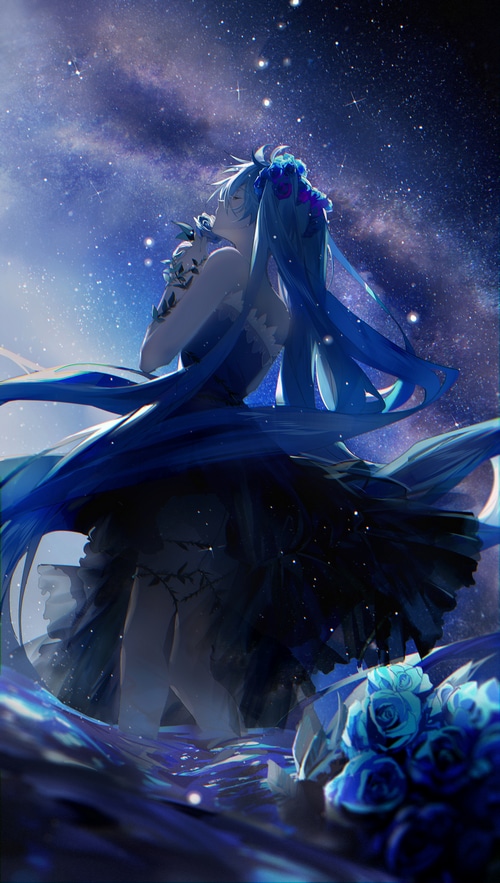 Hatsune Miku in a blue dress under a starry sky