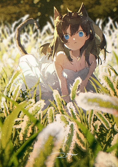 Cat girl in a white dress in tall grass