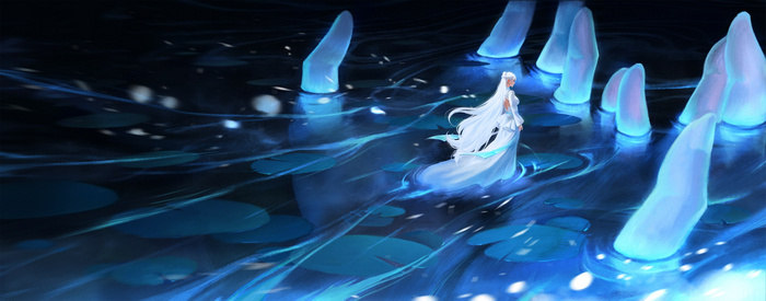 Woman in white dress walking on water with glowing pillars