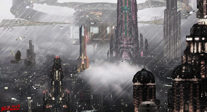 4K Futuristic Cityscape with Flying Birds