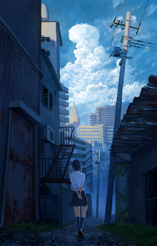 Schoolgirl walking down an alley with buildings and clouds