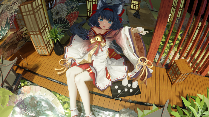 Fox girl in kimono with umbrellas and lanterns
