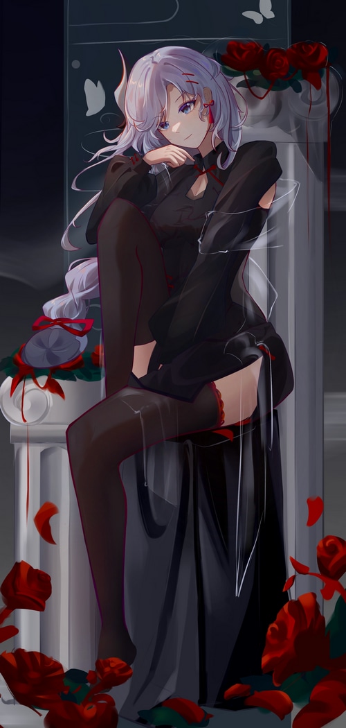 Shenhe in a black dress with red roses