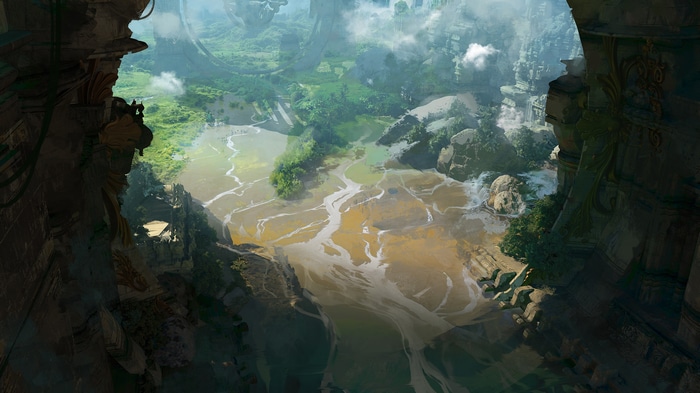 A vast, ancient landscape with a winding river and rocky cliffs.