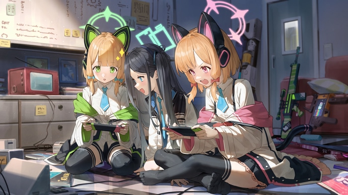 Blue Archive characters playing Nintendo Switch