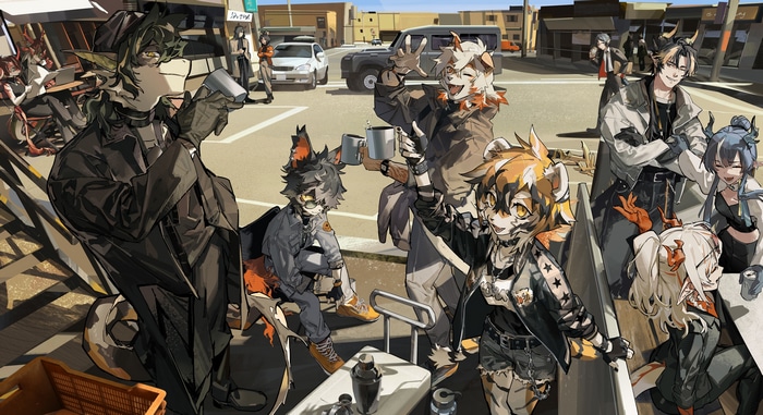 Arknights characters gathered on a street
