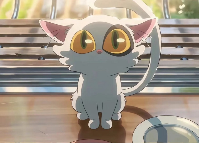 Anime screenshot of a white cat with yellow eyes