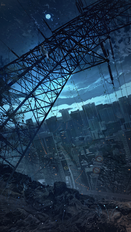 Girl on power lines overlooking a city at night