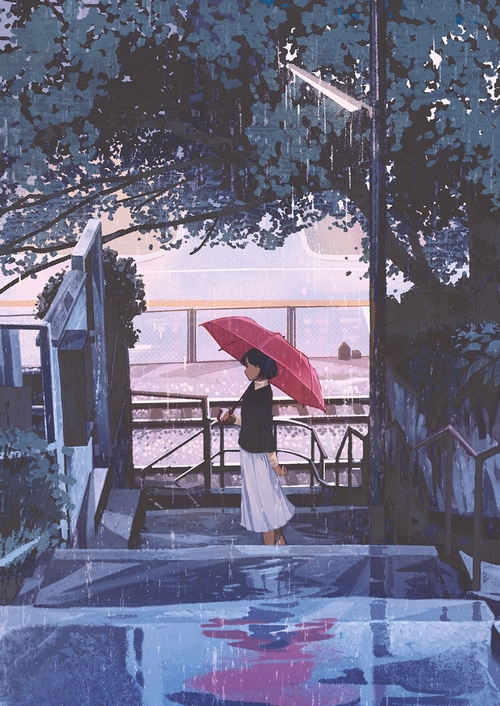 Girl with red umbrella on stairs in the rain