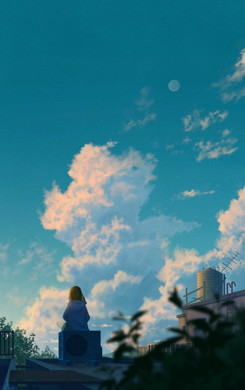 Girl sitting on rooftop looking at the sky and moon