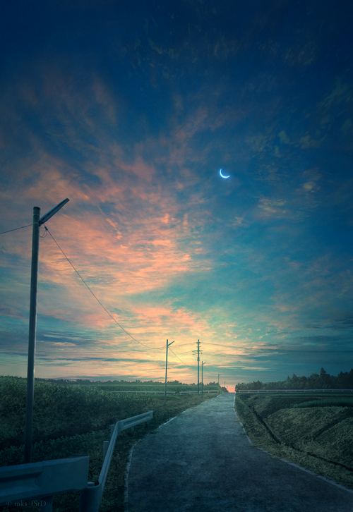 Crescent Moon Over a Rural Road at Dusk